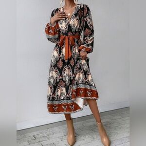* New Chic Mediterranean Print Bishop Sleeve Midi Dress Black Brown Orange